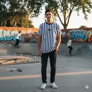 HUF Striped T-Shirt Men’s Large Blue White Vertical Stripe Streetwear Skate Tee